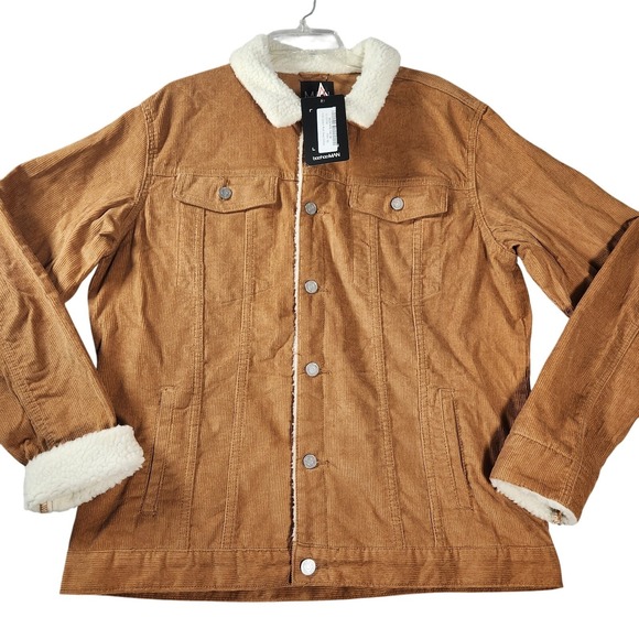 boohooMAN Corduroy Jacket Men's XL Brown Chestnut Borg Collar Outdoor Pockets - Picture 1 of 9